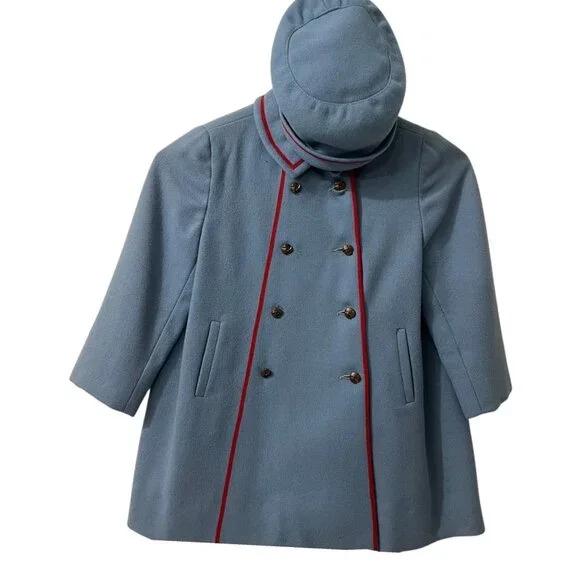 60s Mode Kiddie Coats Light Blue Wool Double-Breasted Coat & Beret Union Made